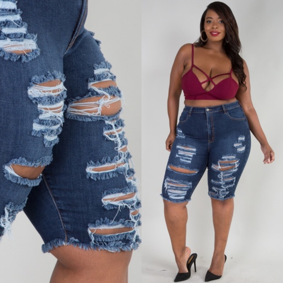 Pants - 1x-3x dark blue destroyed denim Bermuda shorts